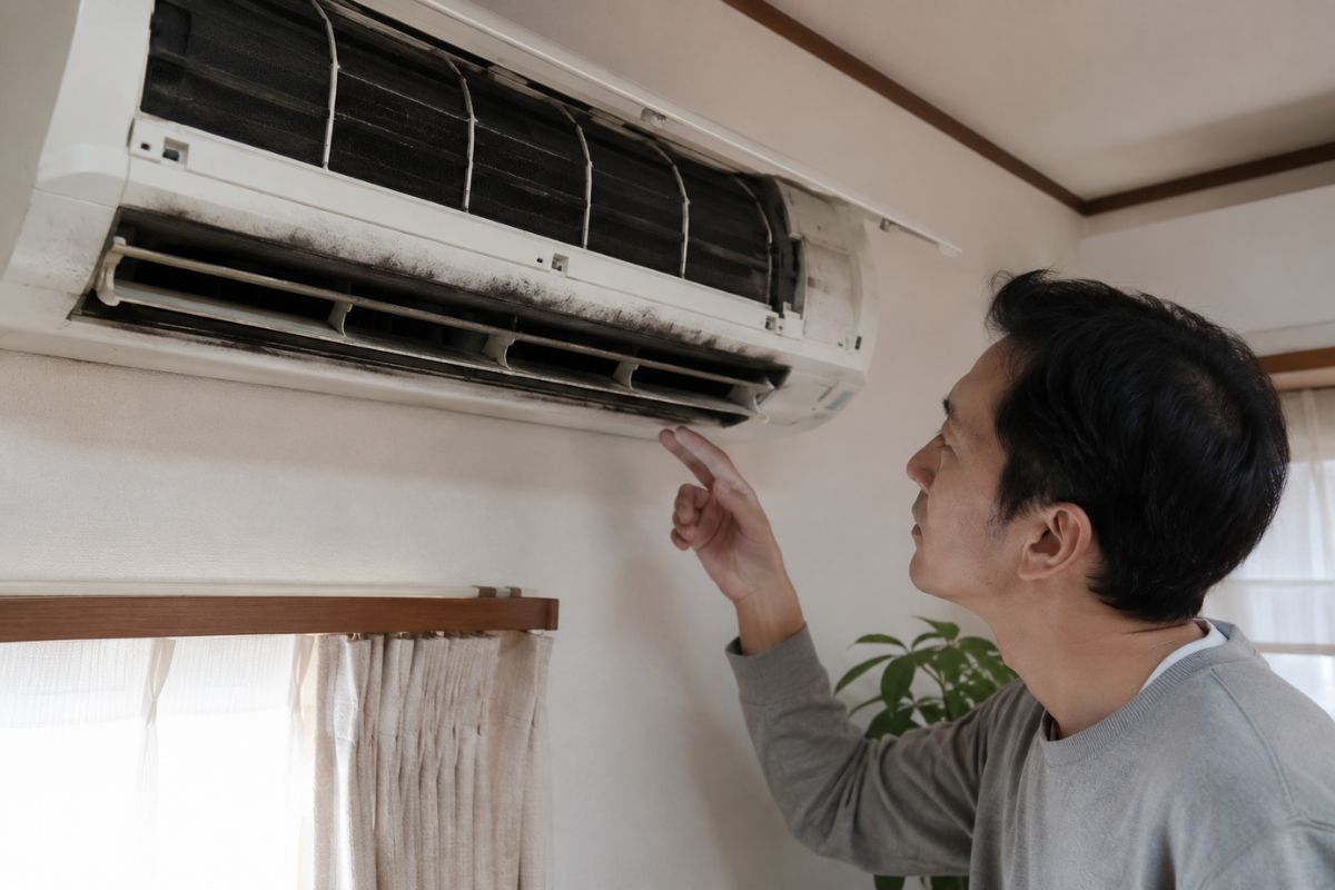 エアコンの送風口やファンまわりの汚れを確認しているイメージ