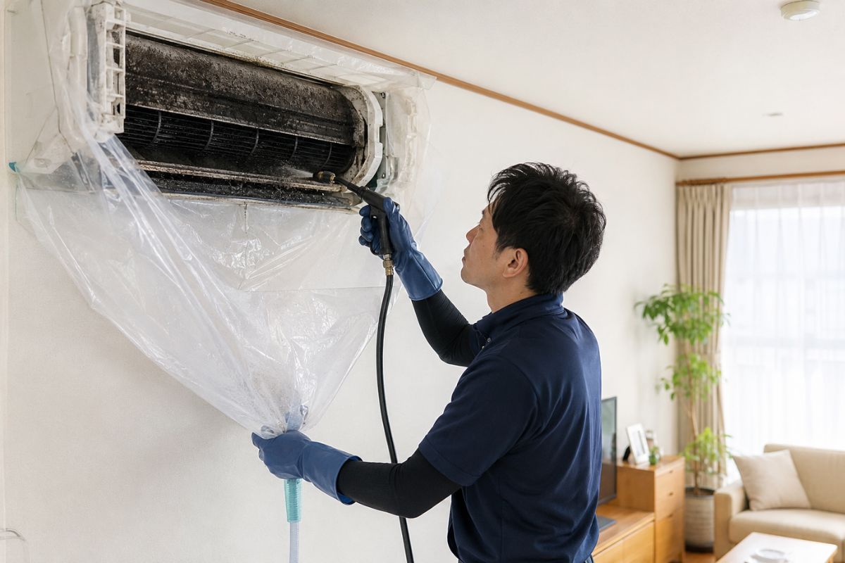 プロがエアコンクリーニング作業をしているイメージ