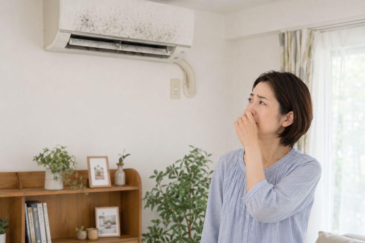 エアコンの黒い汚れやカビ臭さが気になる室内のイメージ