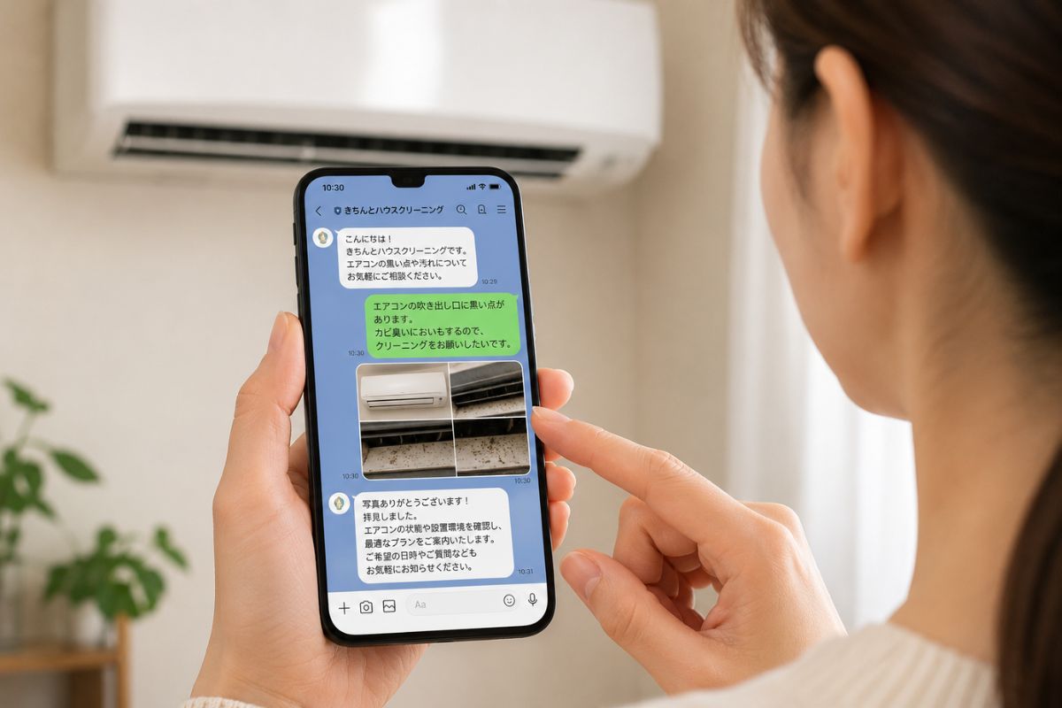 エアコンの黒い点や汚れについてLINEで相談するイメージ